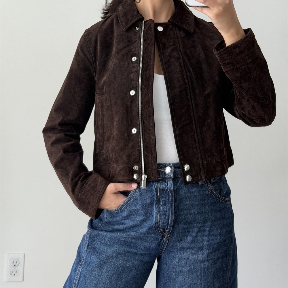 ZARA Leather Jacket Womens XS Dark Brown Suede Cropped Minimalist Quiet Luxury